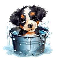 Cute Dog taking a bath on a bucket isolated on white background. Cartoon illustration style. photo