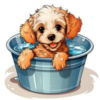 Cute Dog taking a bath on a bucket isolated on white background. Cartoon illustration style. photo