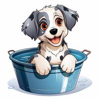 Cute Dog taking a bath on a bucket isolated on white background. Cartoon illustration style. photo