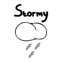 Graphic vector illustration of a cloud with lightning and an inscription on a white background.