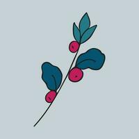 Graphic vector illustration of a green branch with berries on a blue background.