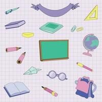 Vector graphic illustration set of school tools, stationery for a student on a pink background.