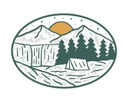 View of the waterfall , happy camping in mountain and nature art design for badge, sticker, t shirt vector