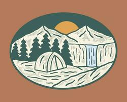 Happy camping in mountain and view of the waterfall vintage vector art design for badge, sticker, t shirt illustration
