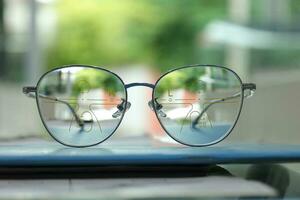 Close-up of glasses, eyeglass progressive lenses photo