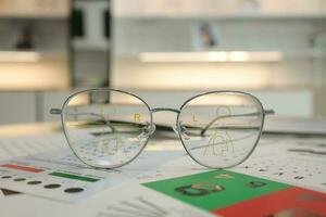 Eyeglass in optical shop, glasses progressive lens photo