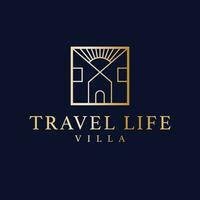 Travel life villa vector logo design. Houses and sun logotype. Real estate logo template.