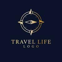 Travel life vector logo design. Minimalistic compass logotype. Elegant gold travel logo template.