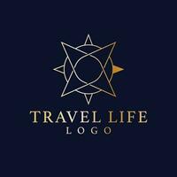 Travel life vector logo design. Minimalistic compass logotype. Elegant gold travel logo template.