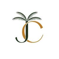 JC initials monogram logo design. Palm tree and letters C and J logo emblem. vector