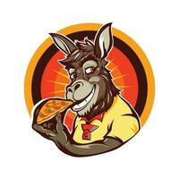 Cartoon donkey eating pizza illustration. Colors of Spanish flag round logo design. Sticker design. vector