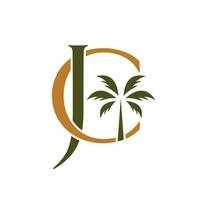 JC initials monogram logo design. Palm tree and letters C and J logo emblem. vector