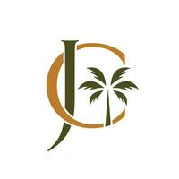 JC initials monogram logo design. Palm tree and letters C and J logo emblem. vector