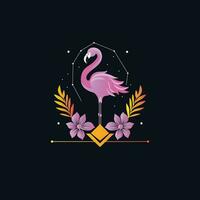 Flamingo and flowers abstract illustration. Vector icon of tropical bird and natural ellements.