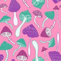 Fun and bright forest mushrooms seamless repeat pattern on pink background. Colourful autumn season vector illustration.