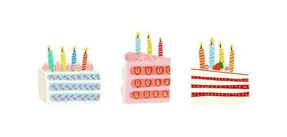 Set of birthday cake slices with cream and candles. Happy birthday vector illustration. Sweet food, dessert.