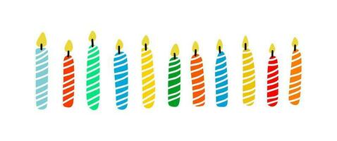 Set of cute birthday candles with flame. Striped candles hand drawn vector illustration.