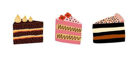 Set of different cake slices with cream. Birthday cake pieces, Strawberry, chocolate cakes. Vector illustration.