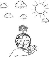 mano participación el tierra globo con árbol, sol, lluvia, nubes, negro línea Arte o garabatear planeta, mano dibujo ecología y ambiente de salvar mundo ambiente día concepto vector