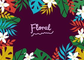 Colorful tropical leaves and flowers poster background vector illustration.