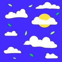 clouds with the sun and foliage on a blue background vector