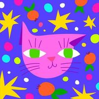 Funny cat with star and berries on blue background vector