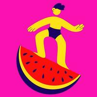 A guy slides on a watermelon slice. Man balancing on watermelon. flat design style minimal vector illustration