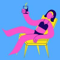 Girl bathing suit unbathing on a chaise lounge with a cocktail. Rest on the sea. A woman holds a glass of water in her hand. Summer vacation. vector