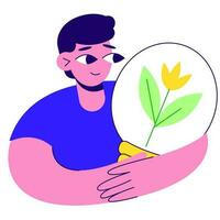 A man with an eco-lamp in his hands, a flower in a lamp. vector