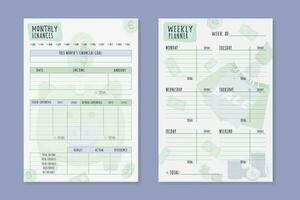 A set of Monthly and Weekly budget planner. Cute finance planner template In green and lilac lavender colors. Two colors. Vector illustration