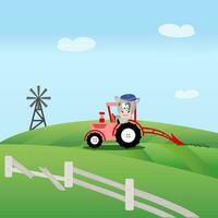 Red farm tractor with gray bull driver with brown cap on white background. Green field with broken wooden fence and windmill. Blue sky with white clouds. Vector. EPS10. vector