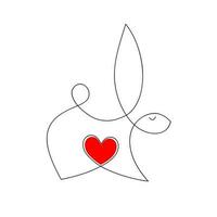 Rabbit drawn with a single line. Easter bunny with a heart. vector