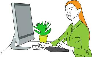 A businesswoman is sitting at a laptop. The girl is surfing the Internet or working at a computer. Vector single line hand drawing sketch illustration.