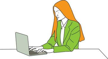 A businesswoman is sitting at a laptop. The girl is surfing the Internet or working at a computer. Vector single line hand drawing sketch illustration.