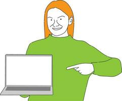un mujer de negocios es sentado a un ordenador portátil. el niña es surf el Internet o trabajando a un computadora. vector soltero línea mano dibujo bosquejo ilustración.