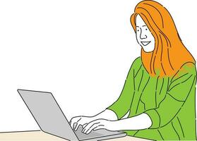 A businesswoman is sitting at a laptop. The girl is surfing the Internet or working at a computer. Vector single line hand drawing sketch illustration.