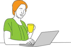 A businesswoman is sitting at a laptop. The girl is surfing the Internet or working at a computer. Vector single line hand drawing sketch illustration.