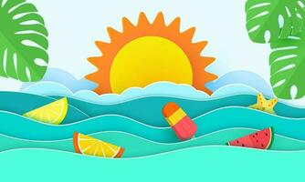 olas de mar y hojas tropicales en estilo de arte de papel. cartel con vacaciones de verano en diseño de papel. ilustración vectorial vector