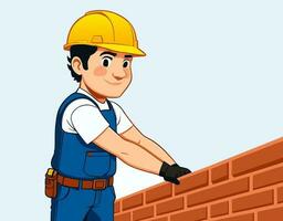 A construction worker wearing a hard hat and a blue overalls, standing next to a brick wall, building vector illustration.