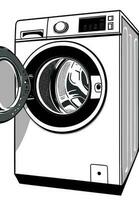 A washing machine with its door open, revealing the inner workings of the machine, vector