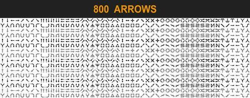 Big arrow set of 800 icons in 8 styles. Solid, filled, outline, pulsar line and other arrows for web design. Huge vector collection of isolated black and white arrow signs. Pixel perfect pictograms.