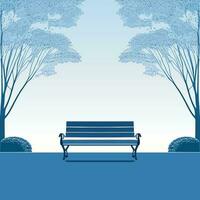 Landscape in watercolor style, a bench in a park with trees and grass in the background, semi-darkness, blue sky, book cover illustration. vector