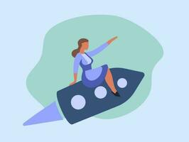 A woman sitting on top of a rocket. She is wearing a blue dress and is pointing forward with her hand. The rocket has a tail that is pointing upwards. Vector illustration in trendy minimalistic style.