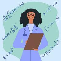 Female scientist wearing a lab coat, glasses and holding a clipboard, against background with mathematical formulas. Vector illustration in trendy minimalistic corporate style.