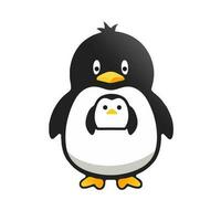 Cute penguin character with a portrait of a little penguin on his chest, vector illustration.