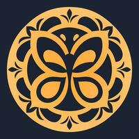 Golden medallion with a butterfly on dark background, game asset, vector illustration.