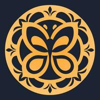 Golden medallion with a butterfly on dark background, game asset, vector illustration.