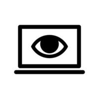 A computer vision vector icon, a laptop device with an eye on the screen, black and white computer science and artificial intelligence illustration.