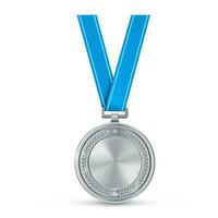 Realistic silver empty medal on blue ribbon. Sports competition awards for second place. Championship reward for victories and achievements photo