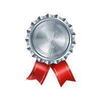 Realistic silver award medal with red ribbons and engraved winner cup. Premium badge for winners and achievements. photo